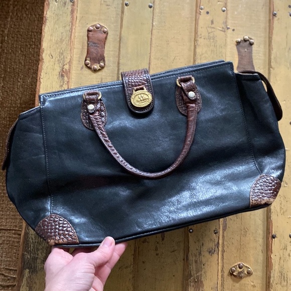 VINTAGE BRAHMIN DESIGNER BLACK 100% LEATHER BROWN CROC STRUCTURED BAG PURSE - Picture 6 of 16